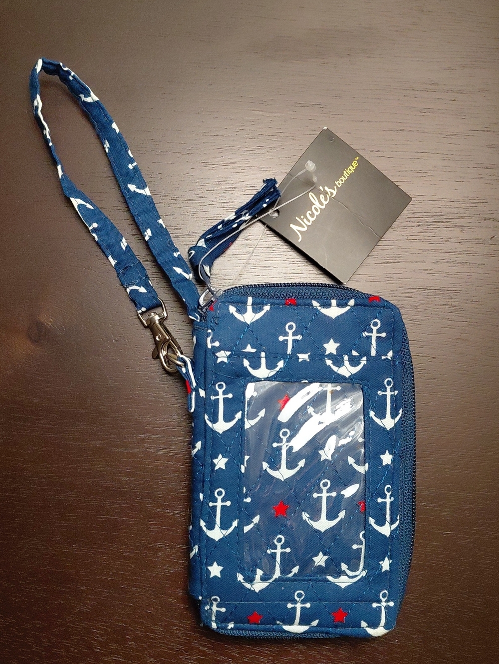 Nicoles Boutique Navy Anchor Wristlet ID Pouch with Red/white Stars. NWT
